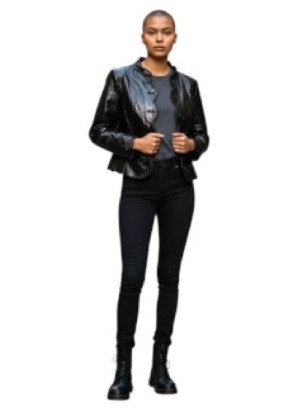RED Valentino Black Patent Vinyl Jacket Sz 46IT /10 US Scalloped Bold Feminine